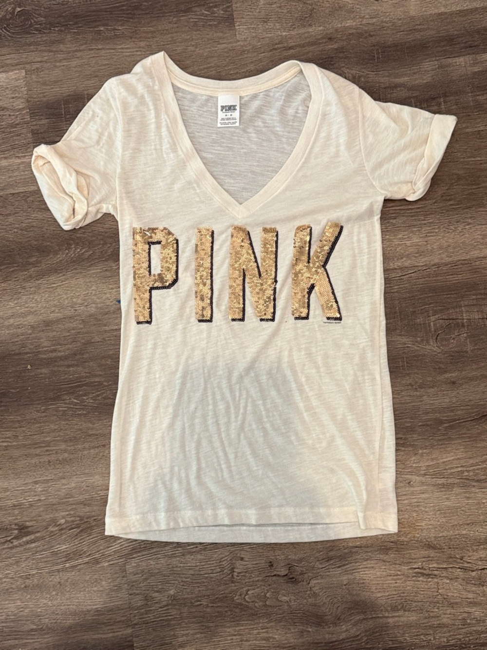 PINK Victoria's Secret Cream V-Neck Tee with Gold Sequin Logo
